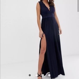 ASOS DESIGN premium lace insert pleated navy maxi dress